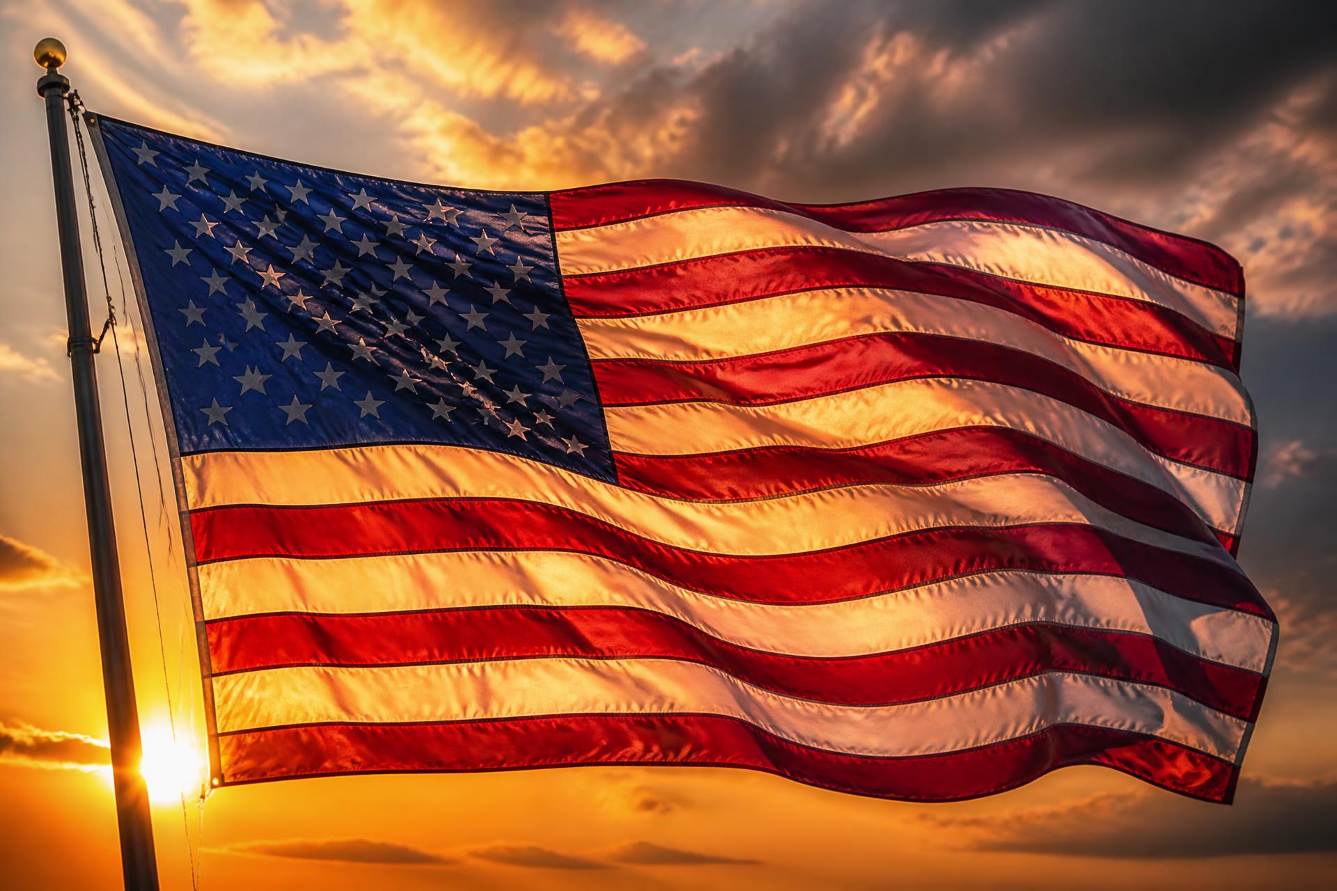 American flag waving at sunset